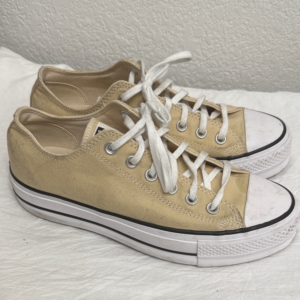 Converse Tan Canvas Sneakers with White Laces platform